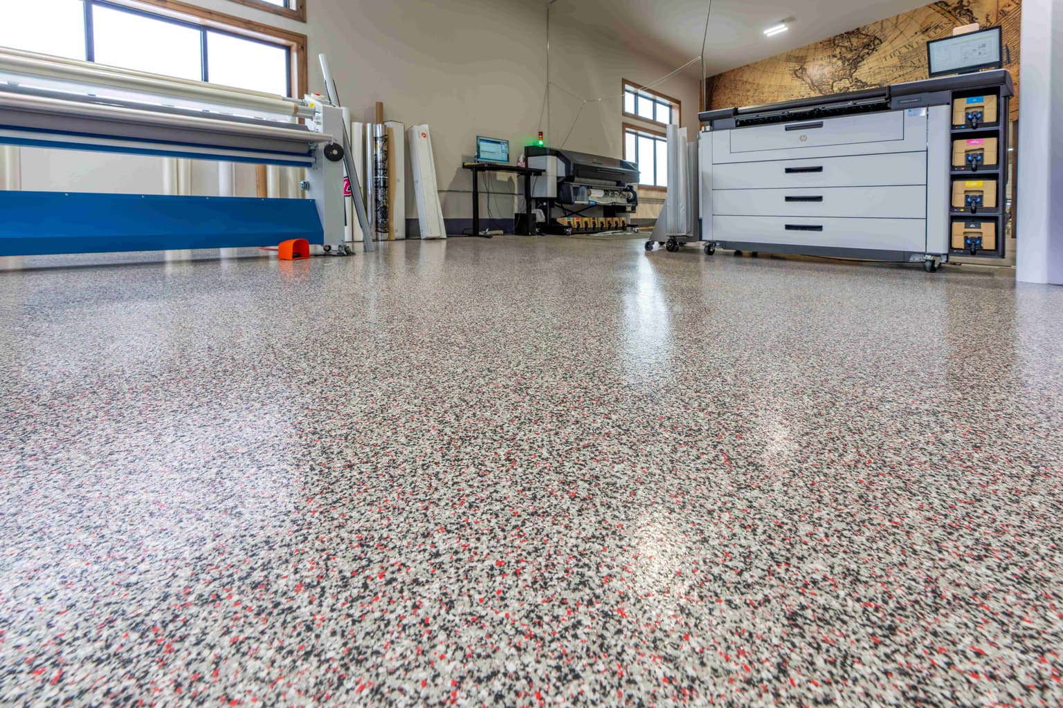 Professional Print Shop with Speckled Concrete Coating